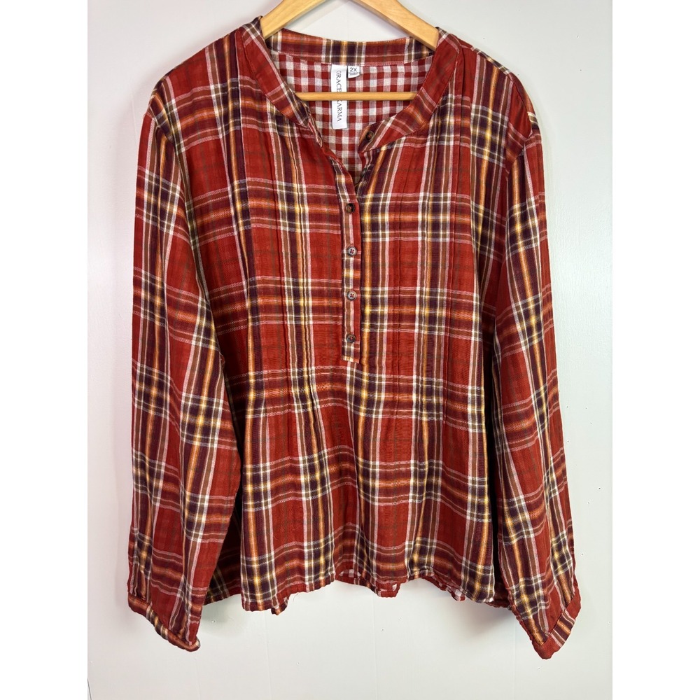 Grace + Karma Top 2X Orange Plaid Cotton Popover Shirt Women's Fall